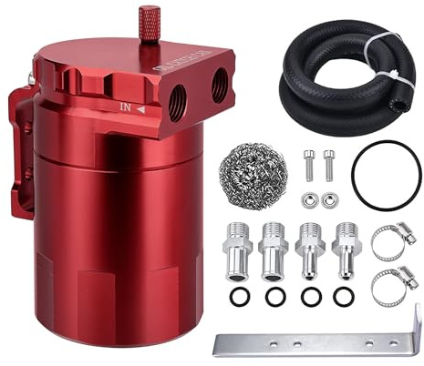 EVIL ENERGY Oil Catch Can, Universal Baffled Catch Can Kit with NBR Fuel Hose, 300ml Aluminum Air Oil Separator Tank for PCV System Red
