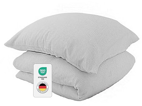 jilda-tex Bio-Bettwäsche Musselin Medina 100% Bio-Baumwolle Knitterlook Bügelfrei Uni Made in Green (Hellgrau, 135x200 + 80x80 cm)