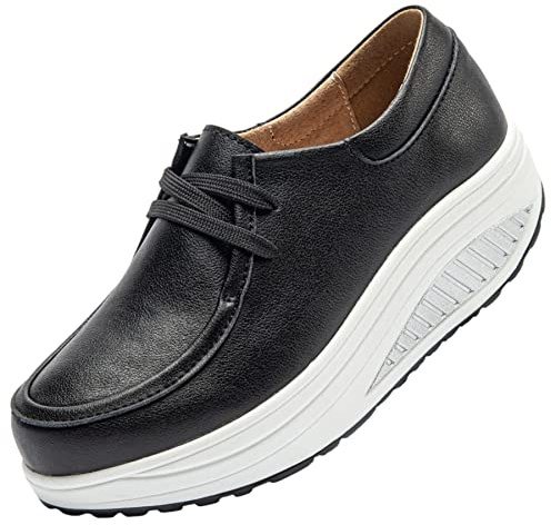rismart Cuir Plateforme Chaussures Femme Confort Décontracté Baskets Mode (Noir,36 EU)