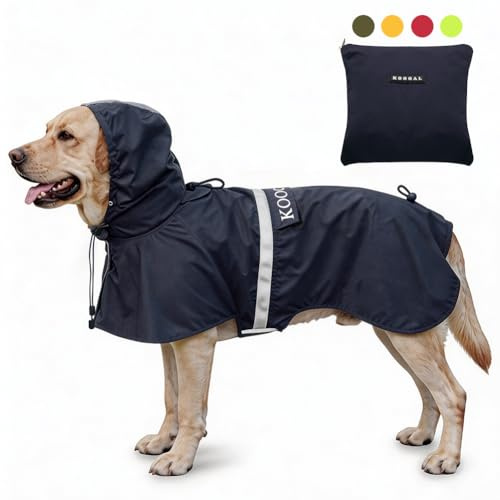 KOOGAL Imperméables pour Chiens avec Capuchon Impermeable Chien, Manteau Chien Imperméable, ultraléger et aéré avec Bandes réfléchissantes pour Chiens Moyens à Grands (Bleu foncé, 4XL)