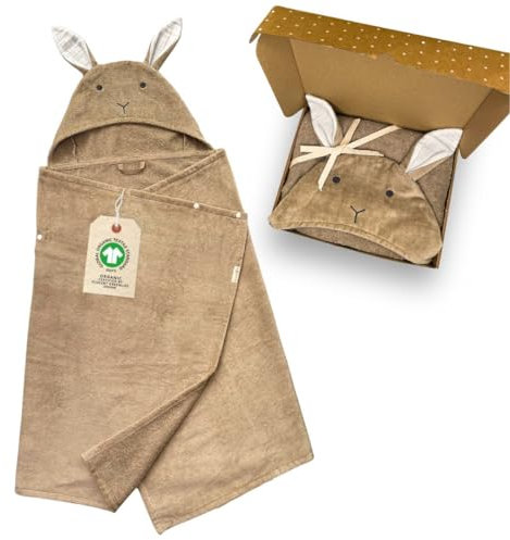DIKOS® 2-in-1 Kapuzenhandtuch & Badeponcho Baby, Kleinkinder & Kinder Beige Braun 70x140 | Ab Geburt Handtuch, mitwachsendes Badetuch/Poncho mit Druckknöpfen bis 10 J | Bio-Baumwolle Frottee/Velours