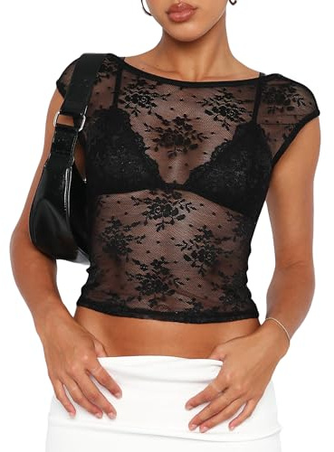 Acrawnni Women Floral Lace Sheer Crop Top Y2k Slim Fit Mesh See Through Short Sleeve Backless T Shirts Aesthetic Grunge Streetwear Tees (A-Black, S)