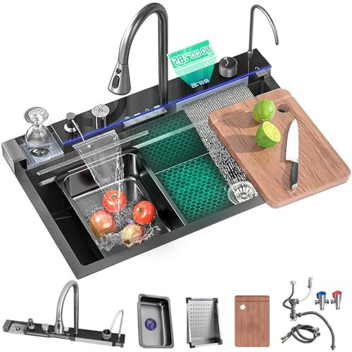 Ribanedy Evier Cuisine NuméRique Multifonction De 68 cm, Evier Cascade En Acier Inoxydable 1 bac Avec 5 Modes De Sortie D'Eau, Robinet Extractible Cascade, Lave-Gobelets Et Accessoires D'eVier