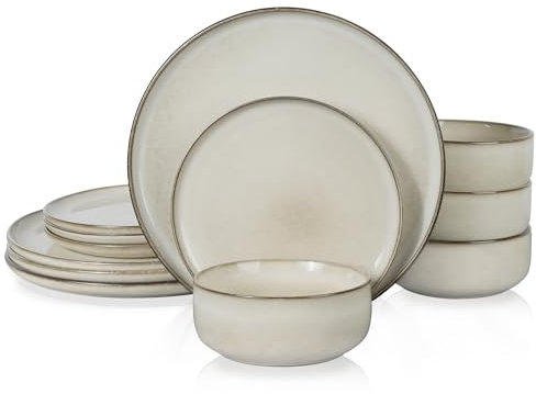 E-far 12-Piece Plates and Bowls Set, Stoneware Dinnerware Sets for 4, Reactive Glaze Ceramic Dinning Ware Dishes, Microwave & Dishwasher Safe - Sandy Beige