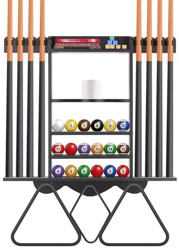 Leogreen Billard Queue Halter für 8 Queues, 18 Billardkugeln, 3 Ballständer und 1 Rollenpapier, Wandmontierter Queueständer aus Kiefernholz mit Aufbewahrungsregal, für Billardzimmer, Bars Club