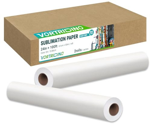 VORTRIDINO Sublimation Paper Roll 24 Inches x 100 Feet, 2 Core, E)-pson F570 Sublimation Paper Roll 24 inch wide, 95gsm, 2 Rolls (24in x 100ft x 2Rolls)