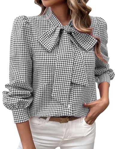 Camisa con Botones para Mujer Elegante con Lazo Frontal Manga Abombada Tops a Cuadros Casual Moderna Trabajo Oficina Blusa, Negro, M