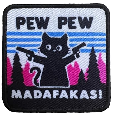 PEW PEW MADAFAKAS Schwarz Katze mit Pistole Aufnäher Moral Patches Klett Stickerei Taktische Klettverschluss Für Kleidung Rucksack Baseballkappe Uniform Weste Hundegeschirr, Cyan, Geweben Drucken)