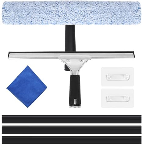 8 Pcs Professional Window Cleaning Equipment, 14 in Silicon Squeegee & Microfiber Scrubber with 3 Rubber Strips & Microfiber Cloth, Window Cleaner Tool Kit for Bathroom Shower Glass Mirror Door Car