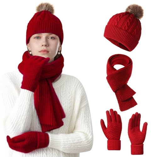 NHTJTHE Ensemble bonnet, écharpe et gants pour femme, bonnet, écharpe et gants pour écran tactile, écharpe chaude et douillette, ensemble d'hiver, rouge