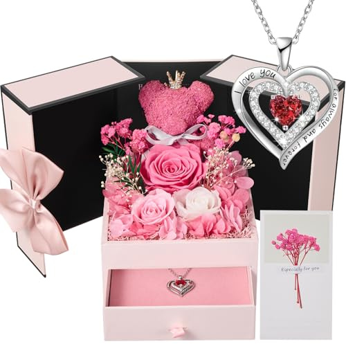 Rosa Eterna Regalo Donna, Rosa Stabilizzata con Collana e Orso di Muschio, Preservada Fiori Confezione Regalo per la Festa Della Mamma, Natale, Compleanno, San Valentino per Fidanzata,Moglie,Nonna