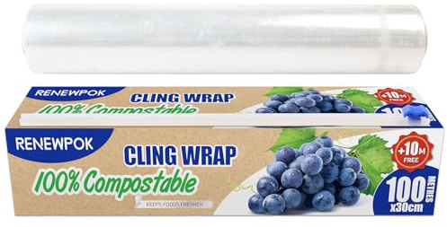 100% Compostable Plastic Wrap Dispenser with Slide Cutter 12 inch Food Service Cling Film Wrap Roll - 12 x 360 Ft ECO Friendly Food Wrap(The Slide Cutter stored in The Inner core of The roll)
