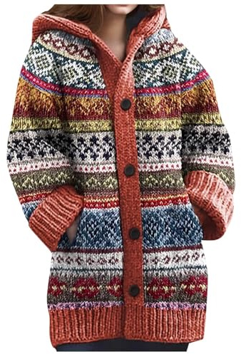 Generisch Norwegian Cardigan Women's Winter Knitted Jumper Cardigan Sweatshirt Colourful Long Hooded Jacket Mohair Sweaters Jacquard Long Sleeve Sweatshirt Warm Chunky Knit Jumper with Hood, O Orange
