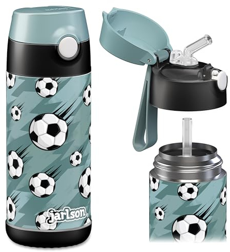 Jarlson® Termosflaska för barn i rostfritt stål Charli [med ström] – termosflaska – läckagesäker – termosflaska – vattenflaska för barn – termosflaska för skola och dagis (350 ml, fotbollar)