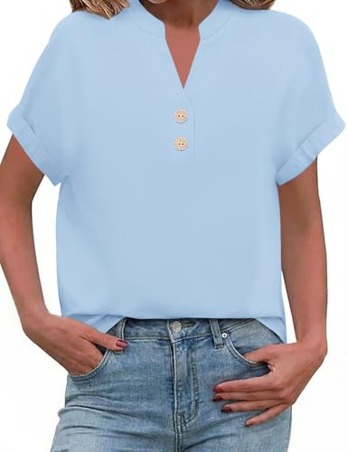 PASUDA Camisas Mujer Verano Blusas de Lino Algodón Manga Corta Camisa Cuello en V Botones Elegantes Tops Cómodo Casual Suelto Sólido Color Basic tee
