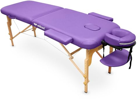QUIRUMED WELLCORE Table de Massage Pliante en Bois, 180 x 60 cm, avec Accoudoirs, Appui-Tête Réglable, Trou Facial et Sac de Transport, Hauteur Réglable, Violet, Jusqu'à 225 kg