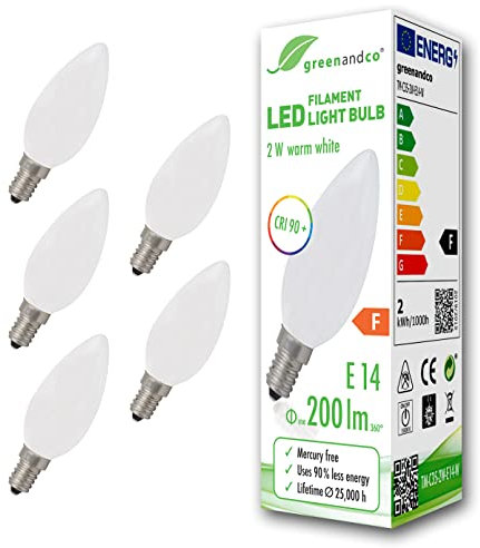 greenandco 5x CRI90+ Glühfaden LED Lampe | matt | ersetzt 20 Watt E14 Kerze | 2W 200 Lumen | 2700K warmweiß | Filament Fadenlampe | 360° 230V AC | nicht dimmbar | flimmerfrei | 2 Jahre Garantie