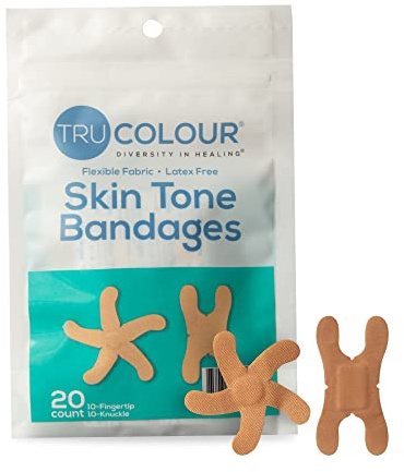 Tru-Colour Skin Tone Knuckle and Fingertip Bandages (20 Count) - Flexible, Waterproof, PFAS-Free Adhesive Strips Help Protect Cuts, Scrapes, Scratches - Beige