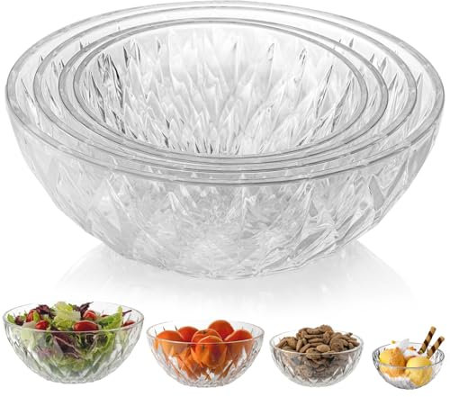 ZOOFOX 4 Clear Plastic Serving Bowls, 80 OZ Large Unbreakable Salad Bowls for Fruit, Salad, Popcorn, Chips, Dips, Condiments, Party Snack and More, 9 Inch