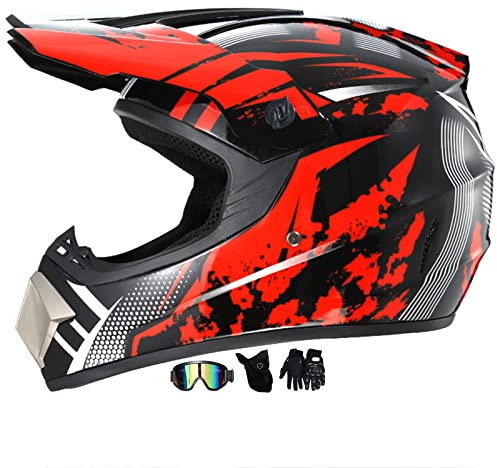 Motocross Fullface MTB Helm Kinder, ABS-Schale, Motorradhelm Herren Damen, Downhill Motorradhelm Kinder, ATV Motorradhelm Helm Mit Brille Handschuhe