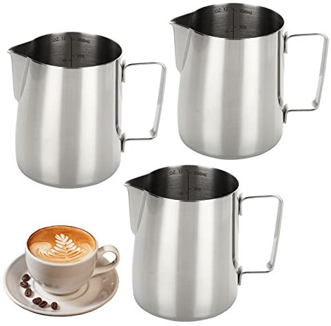 GOYADA 3 Pièces 350ml Pichet à Lait 304 Inox, Pot à Lait avec Marque de Mesure 350 ML/12oz, Pichet a Lait, Pot a Lait Inox pour Mousser le Lait
