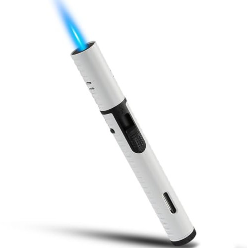 Futlidys Mechero de gas de 7 pulgadas con función de bloqueo de llama, recargable, llama de chorro resistente al viento, para barbacoa, estufa, vela, color crema, blanco (se vende sin gas)