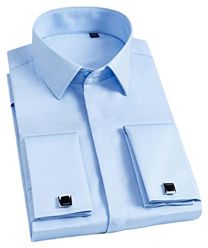 Dninmim Camicia da uomo con bottoni sottili in cotone per feste di nozze e smoking con gemelli, Azzurro, L