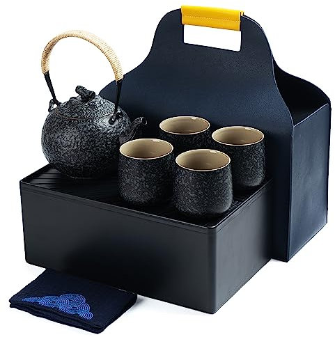 TEANAGOO Teekanne Portable Japanese Tea Set, Charcoal Grey Travel Porcelain Tea Set, 1 Teekanne (700ml/25oz) + 4 Teetassen (205ml/7.2oz), U2, Tea Tray Storage Case, Tee Set Teekanne und Tasse