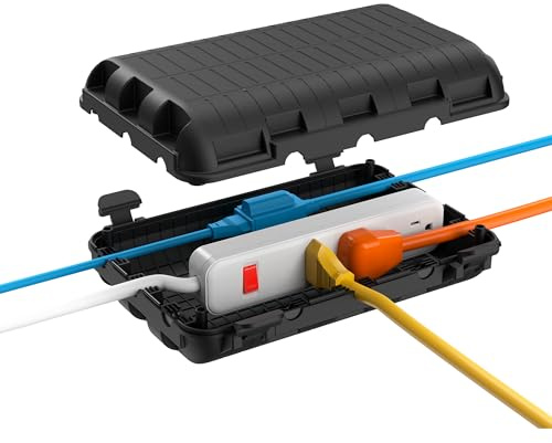 Outdoor Electrical Box(9.05x6.61x2.67inch), IP54 Waterproof Extension Cord Cover 9 Cable Entry Ports Connection Hider Box Safety Protector, Protect Plug, Holiday Light, Timer,and Power Strip, Black