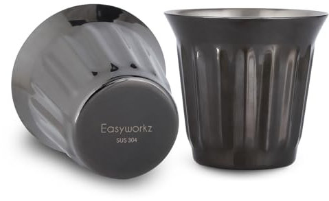 Easyworkz Juego de 2 tazas de café expreso de doble pared de acero inoxidable, 150 ml, diseño de rayas verticales,Bronce