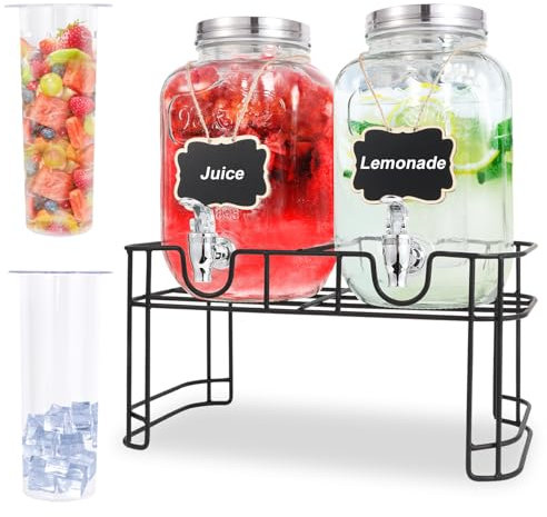 Glas Getränkespender (Set von 2),4L/1 Gallon Getränkespender für Parteien mit Spigot, Stand, Eiszylinder Obst Infuser, Wasserspender Getränkespender für Sonnentee Glas, Saft Behälter