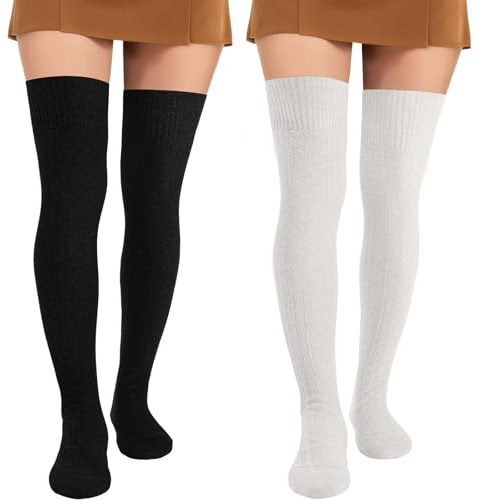 Pleneal Thigh High Socks - 2 Pairs Women's Thigh High Over Knee Socks Leg Warmers, Black & White