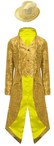 CHICTRY Enfant Garçon Blazer Paillette Veste Queue-de-Pie avec Chapeau Sequins Manteau de Cirque Monsieur Loyal Tailcoat Gentleman 6-16 Ans Or 7-8 Ans