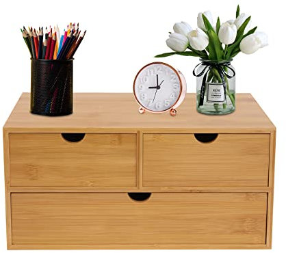 Qussse Bambus Schreibtisch Organizer mit Schubladen Schubladenbox Bambus Mini Kommode, einteiliges Design, Regalkasten Schminkkasten mit 3 Schubladen für Büro Wohnzimmer und Schlafzimmer