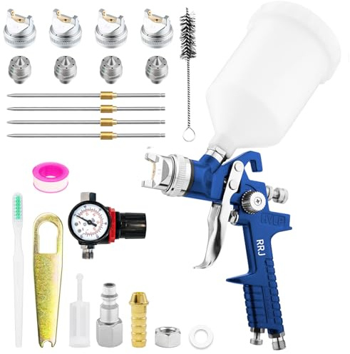 HVLP Lackeringspistol, sprutpistolsats med 4 munstycken 1,4/1,7/2,0/2,5 mm, professionell färgsprutpistol gravitationssprutor med 600 ml plastmugg, tryckkniv (blå)