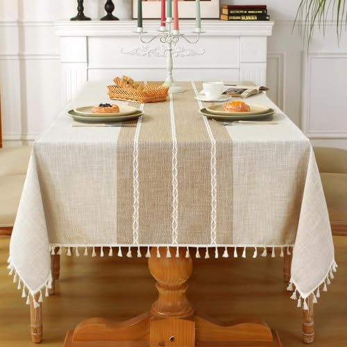 Laolitou Outdoor Table Cloth Rectangular, Waterproof Cotton Linen Tablecloth Wipe Clean Anti-Wrinkle Tassel Design for Picnic Party Garden Kitchen Dinning, 55 x 72 Inch