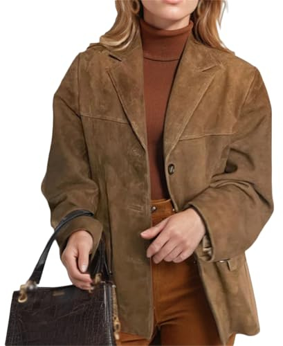 Generisch Chaqueta de ante para mujer, moda de otoño, casual, talla grande, chaqueta con solapa de cuero sintético, abrigos vintage con botones de estilo masculino, marrón, M