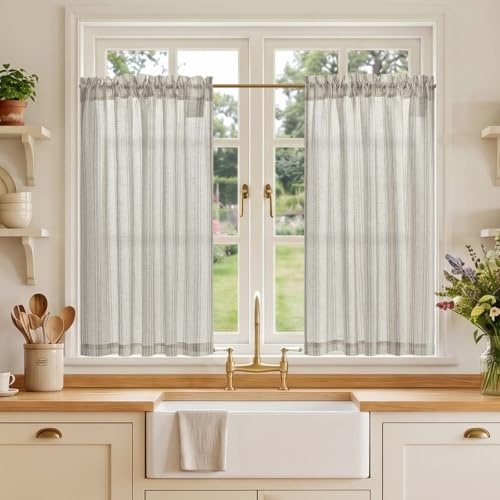 TOPICK Linen Look Kitchen Curtains, Cafe Curtains, W36 xL36 Grey Striped | 2 Panels Rod Pocket Light Filtering Curtains, Half Window Curtain 2 Drapes for Bedroom, Living Room, Cupboard Base, Sink