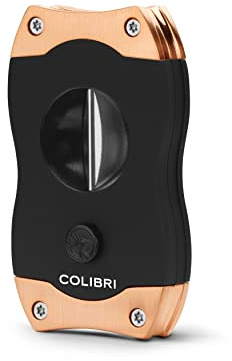 Colibri-Tagliasigari nero e oro rosa satinato in acciaio-lama a ghigliottina-rilascio a molla-taglio a V-sigari fino a 2,38 Cm di diametro-Taglio a V profondo 7 mm -Confezione regalo. Colibri dal 1928