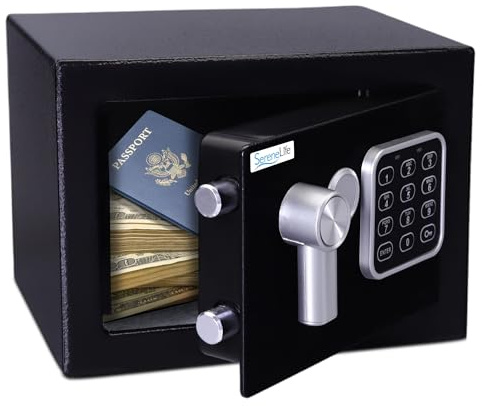 Pyle Home Safe Box Locker, Small Money Safe, Mini Fireproof Safes, Wall & Floor Steel Vault, Electronic Digital Keypad, 2 Keys, 23.1 × 17 × 17cm, Secure for Cash, Guns, Jewelry & More - Black