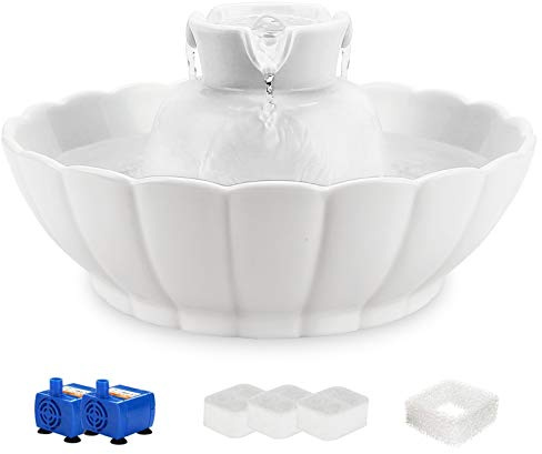 iPettie Tritone Ceramic Cat Water Fountain, Heavy-Duty Waterer for Pets, 2.1 Liters / 2.2 Quart Filtered Water Purifier with Replacement Filters and Foam, White