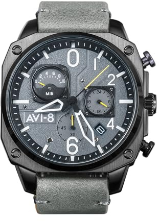 AVI-8 Men's 45mm Hawker Hunter Retrograde Chronograph Sea Gray Watch with Leather Strap AV-4052-03