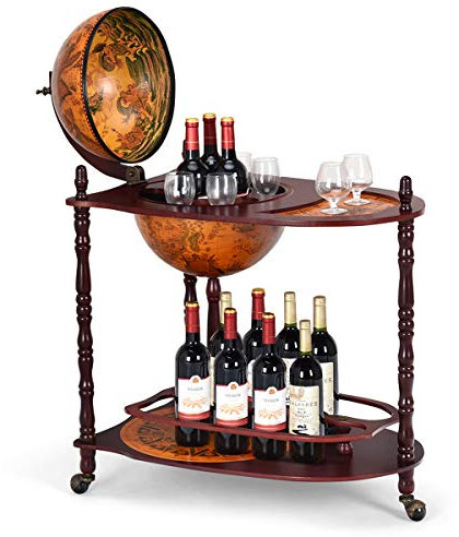 GOPLUS Globusbar Weltkugel Weinregal, Standglobus Bar auf Rollen, Flaschenregal RollbarItalienische Ästhetik, Hausbar Cocktailbar Dekobar Tischbar mit Massivholz, Barwagen für Zuhause/Bars/Restaurants