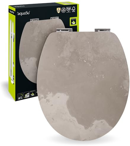 aquaSu® WC-Sitz mit Absenkautomatik, Echtstein Coffee Cloud, Toilettendeckel mit Echtstein-Oberfläche und Holzkern, Fast-Fix Schnellbefestigung, universale O Form, Toilettensitz Stein, 40695 6