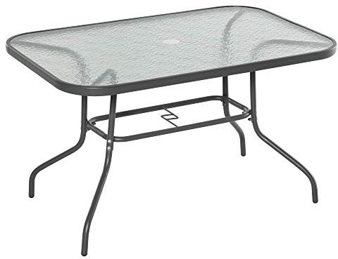 Outsunny Mesa de Jardín Exterior Rectangular de Metal Bordes Curvos con Orificio para Sombrilla Capacidad 70kg Vidrio Templado 120x80x70 cm Gris Carbón