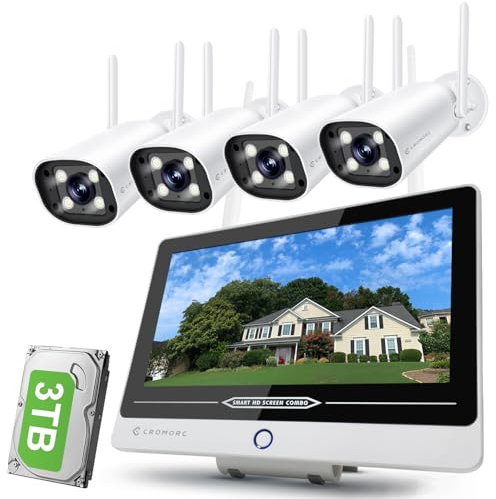 Wireless Security Camera System with 12 Monitor, Human Detection, Floodlight, Siren Alarm, 2-Way Audio, 4PCS 5MP Camera, Expandable 16CH NVR, Home Business Surveillance, 3TB HDD