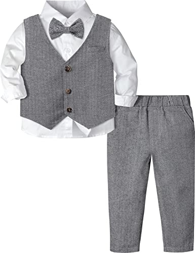 mintgreen Set Byxor & Topp Babypojkar, Bröllopsdräkter Dopdräkt Fiskben Herre Långa Ärmar Smoking, Mörkgrå, 12-18 månader, 80