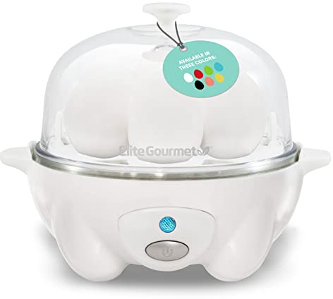 Elite Gourmet EGC-007## Rapid Egg Cooker, 7 Easy-To-Peel, Hard, Medium, Soft Boiled Eggs, Poacher, Omelet Maker, Auto Shut-Off, Alarm, 16-Recipe Booklet, White