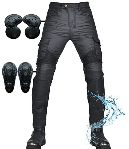 SHUOJIA Damen-Motorrad-Jeans Motorrad-Schutzhose winddichte, wasserdicht beschichtete Motorradhose, mit 2 Paar Protect-Hüft- und Kniepolstern, abnehmbar, mehrere Taschen, Jean (Black,3XL)