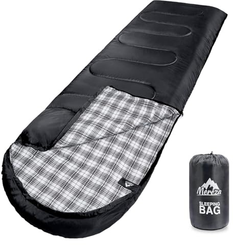 MEREZA Flannel Sleeping Bag for Adults XL, Large Wide Sleeping Bags for Camping Mens Warm Cotton Sleeping Bag 4 Season Warm & Cool Weather with Compression Sack (Black)
